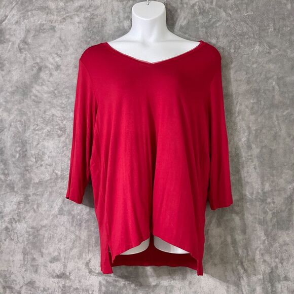 Tahari Top Womens Size 2X Red Pullover Tunic V- Neck side slits 3/4 Sleeve - Picture 1 of 9